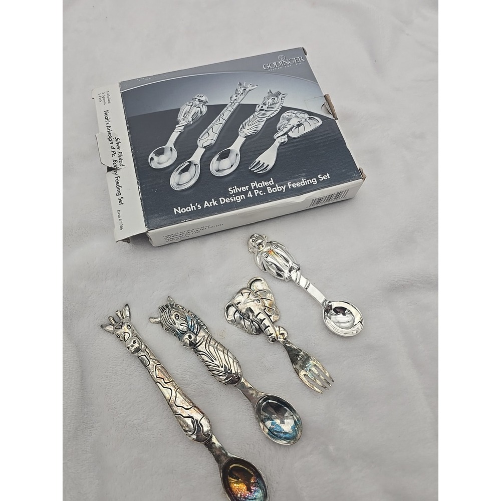 Godinger‎ Silver Plated Noah's Ark Design 4 Piece Baby Feeding Set - Item #7206